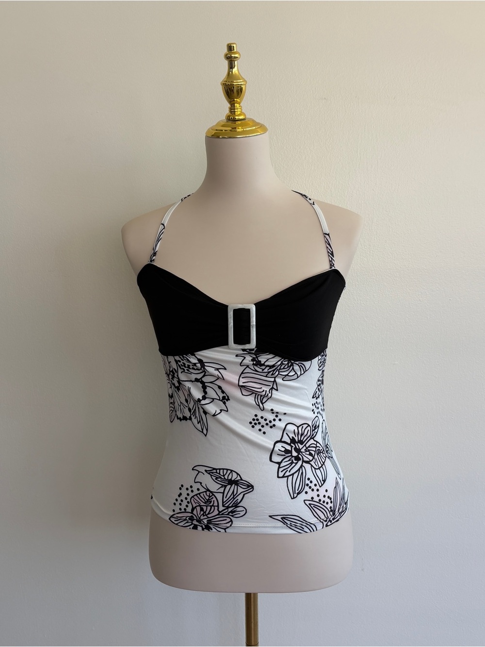 Y2K Black White & Pink Floral Halter Top